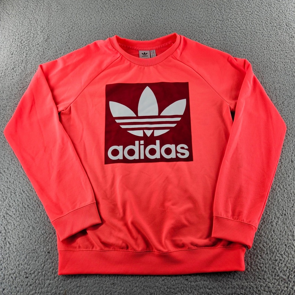 Adidas Sweatshirt Women Medium Coral Pink Velvet Trefoil Logo Crew Neck Pullover